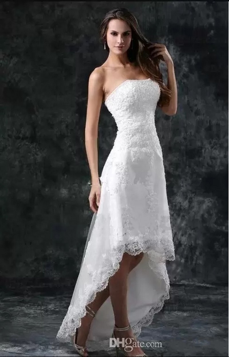 2022 Beads Wedding Dress Sexy Strapless Appliques Lace High Low Little White Ivory Lace Up Back Summer Beach Short Bridal Gowns vestidos de noiva robe