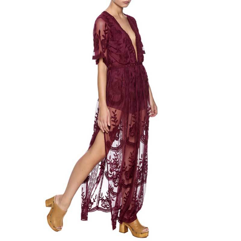 Boho Inspired gypsy embroidery LACE MAXI DRESS Plunge Neck slit side tunic summer dress new sexy beach dress clothes female 210309