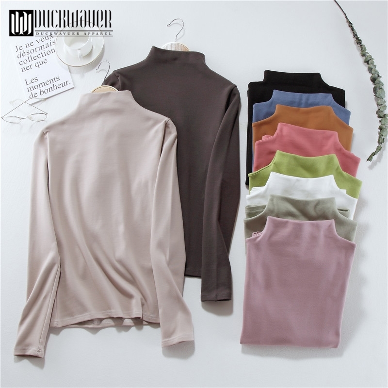 Duckwaver Autumn Women Causal Solid Loose T Shirt Long Sleeve kitted Turtleneck T-Shirts Lady Girls Basic Tee T Shirts Tops 210310