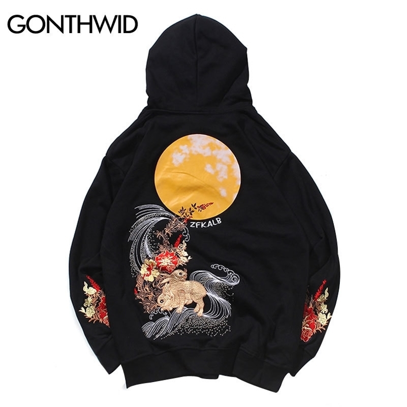 GONTHWID Embroidery Animal Flowers Rabbits Print Hooded Sweatshirts Harajuku Fashion Pullover Hoodies Hip Hop Casual Streetwear 201103