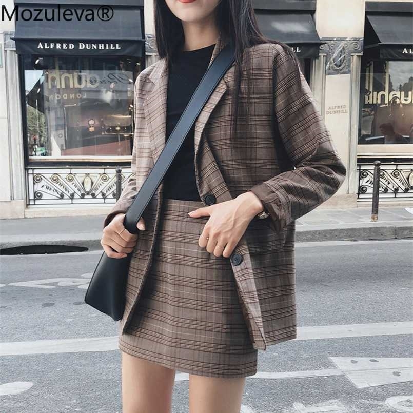 Mozuleva Retro Plaid Blazer Set Single-breasted Jacket & Pencil Skirt 2 Pieces Skirt Suit Female Office Ladies Blazer Suit 211101