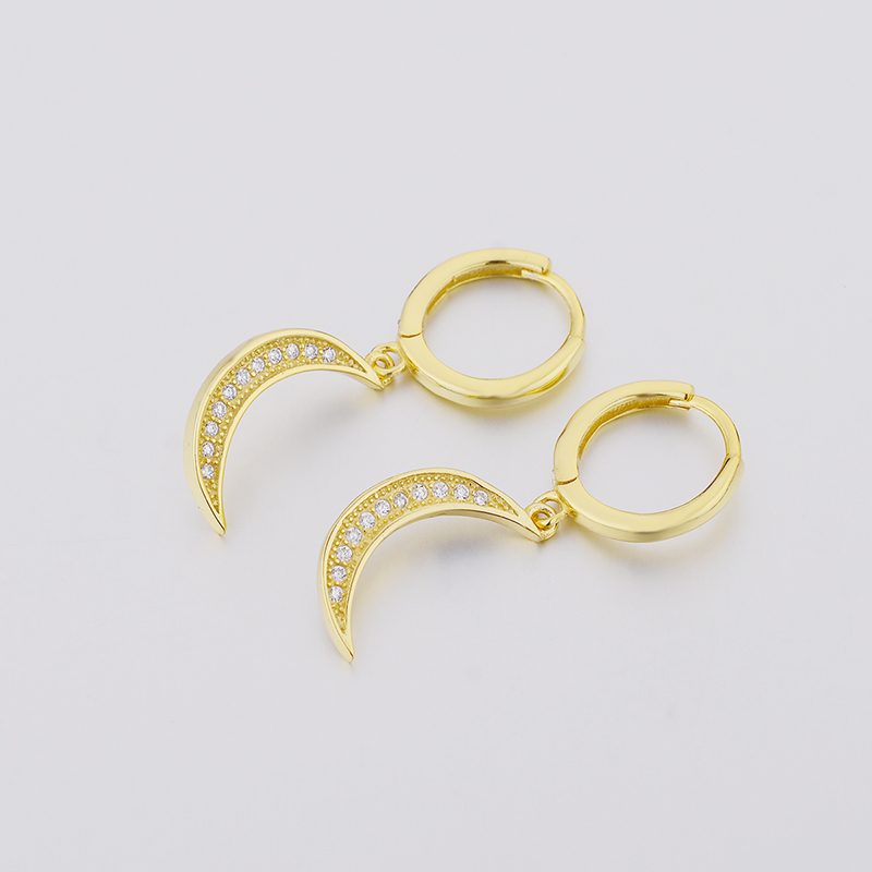 Authentic 100% 925 Sterling Silver Gold Color Moon Pendant Hoop Earring Women Fashion Luxury Zircon Round Loops Jewelry Piercing