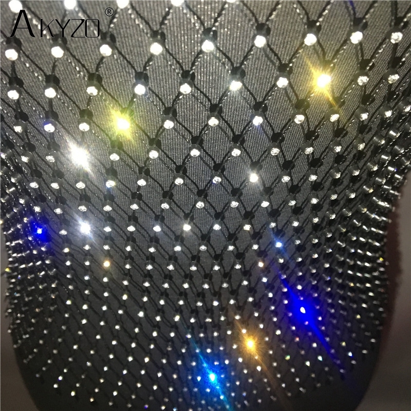 Women's Fishnet Rhinestone Crop Top Summer Sexy Mesh High Elastic Black White Shirt Net See Through Rave Diamond Tank Top 210308