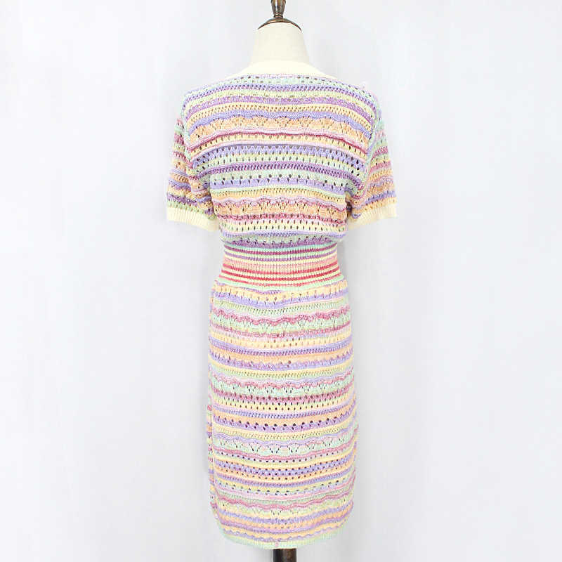 DEAT Women Knitting Hollow Out Striped Dress Round Neck Short Sleeve Lady Temperament Fashion Spring Summer 11D1953 210709