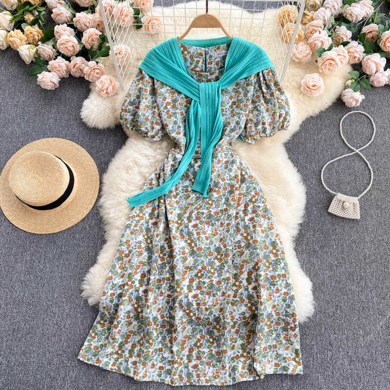 DEAT Women Printing Ruffles Dress Round Neck Short Puff Sleeve Arrivals Lady Temperment Fashion Spring Summer 11D595 210709