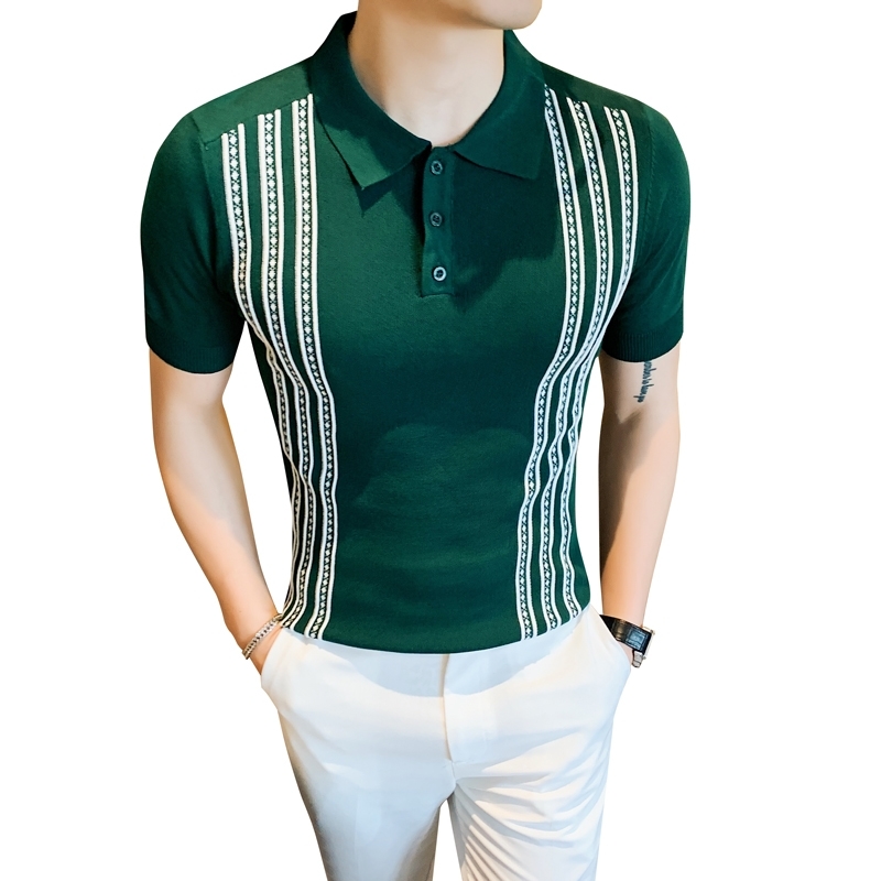 Social Knitting Slim Polo British Style Stripes Polo Shirt Men Summer Short Sleeve Men's Polos Slim Fit Casual Polo Homme 3XL 210308