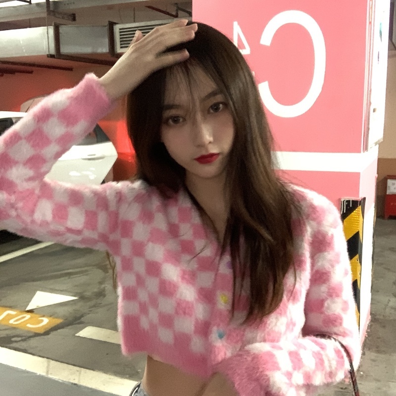 Pink Women Knitted Cardigan Sweaters Long Sleeve V-neck Plaid Crop Tops Casual Outwears Single Breasted Short Coat 210218