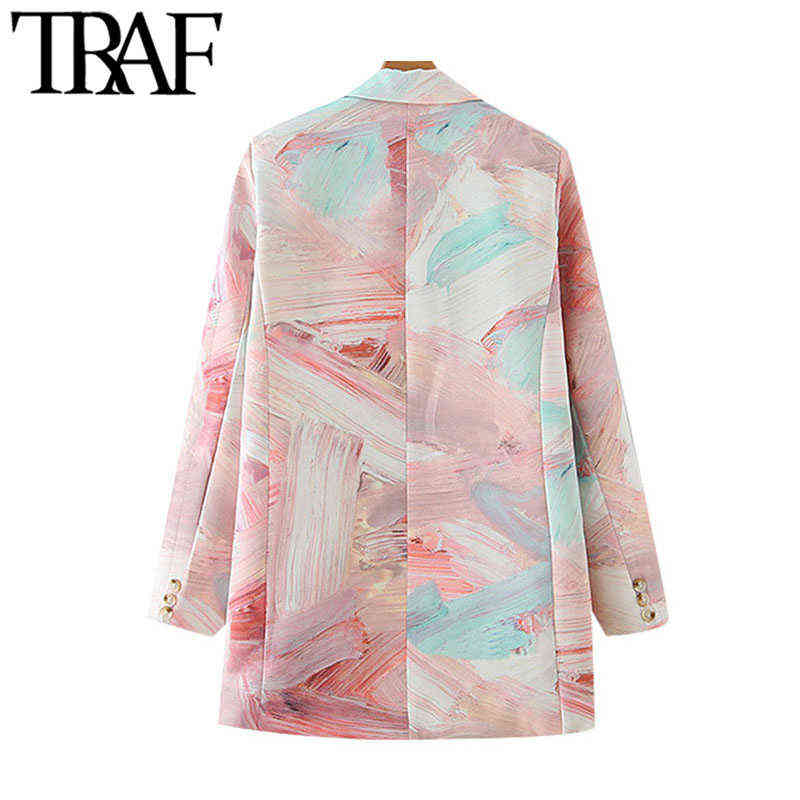 TRAF Women Fashion Double Breasted Graffiti Print Blazers Coat Vintage Long Sleeve Pockets Female Outerwear Chic Tops 211122