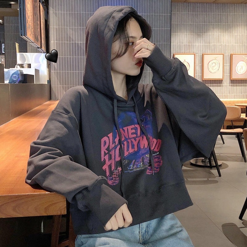 Short hooded sweatshirt Harajuku street ladies hoodie style Korean ladies long sleeve tops and shirts for women 201203