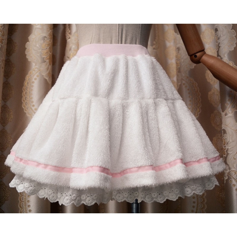 Winter Warm Fleece Pleated Mini Women - Cute & Sweet Lolita Skirt In White For Ladies And Preppy Girls