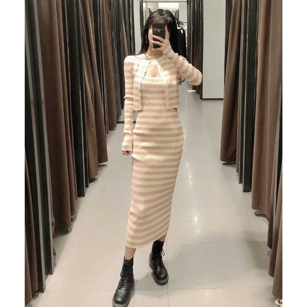 Women Two piece set Striped knitted Cropped cardigan & Sling dress Fashion Casual Cozy Woman 2 piece set Outfits 210709