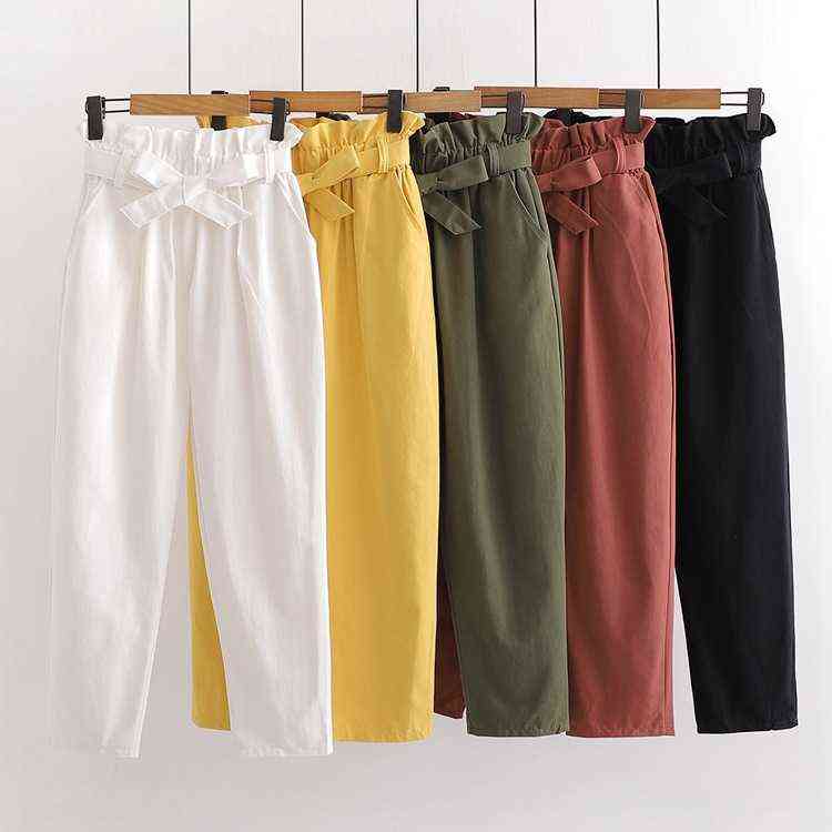 Summer Elastic Waist Casual Pants Women With Belt Cotton Harun Womens Pink Ladies Wide 211115