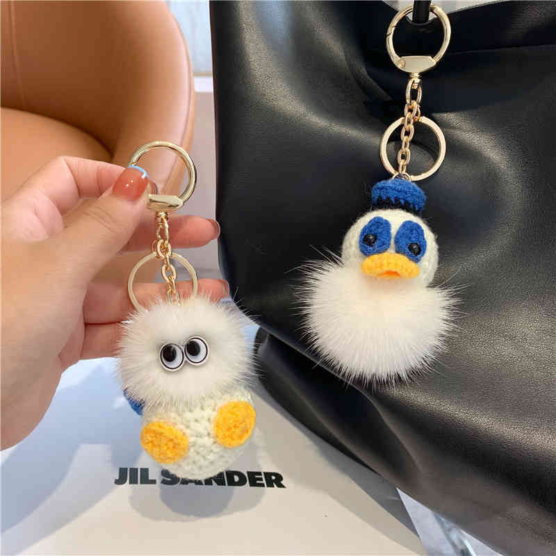 Real Mink Fur Ball Duckling Car Key Chain Pendant Cartoon Plush Fashion Bag Gift