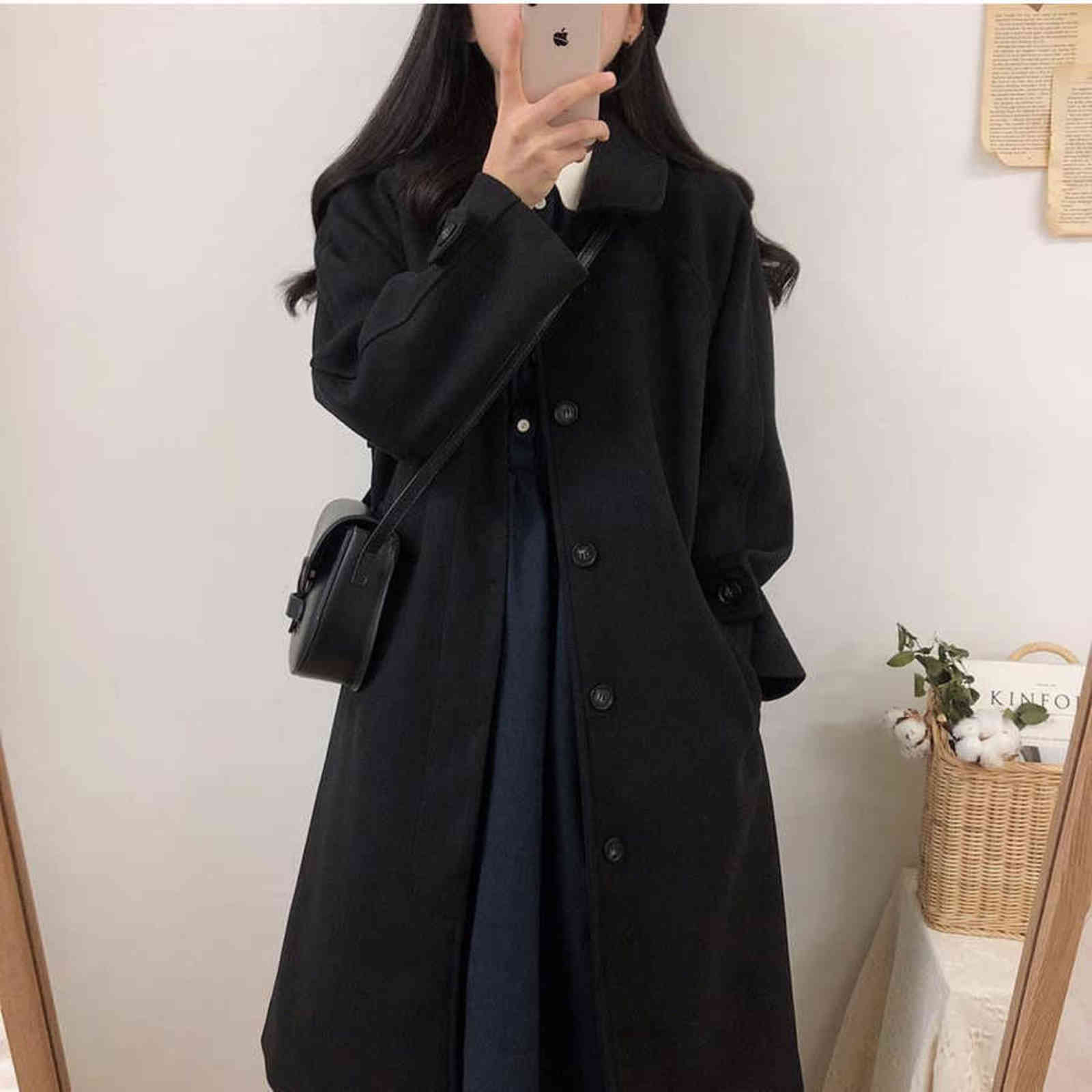 Woolen Coat Women's Mid-length Winter Korean Style Loose and Thin Thickened Over-the-knee Woolen Coat Parkas 211130