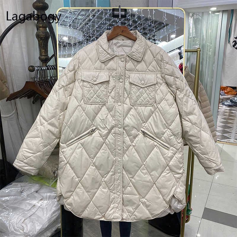 Lagabogy Winter Ultra Light 90% White Duck Down Coat Long Sleeve Warm Parka Female Casual Single Breasted Puffer Jacket 211018