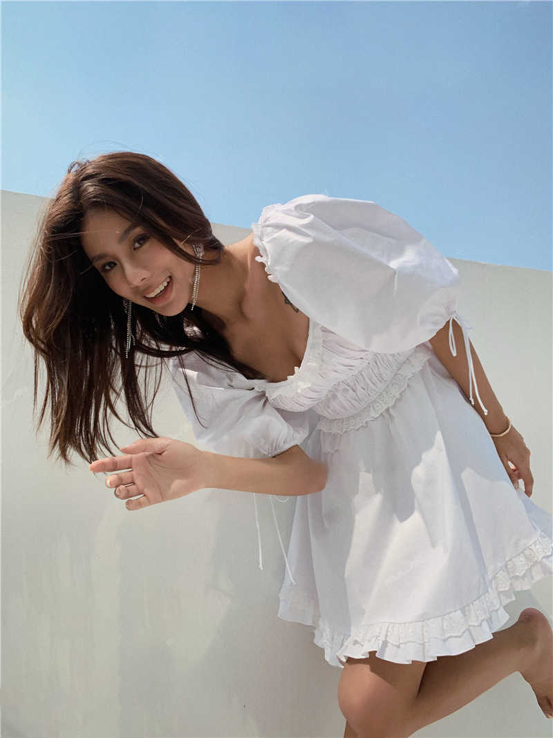 BOHO INSPIRED puff sleeve mini Sexy white party dress ruffle summer dress square neck elastic bust super chic women dress 210719