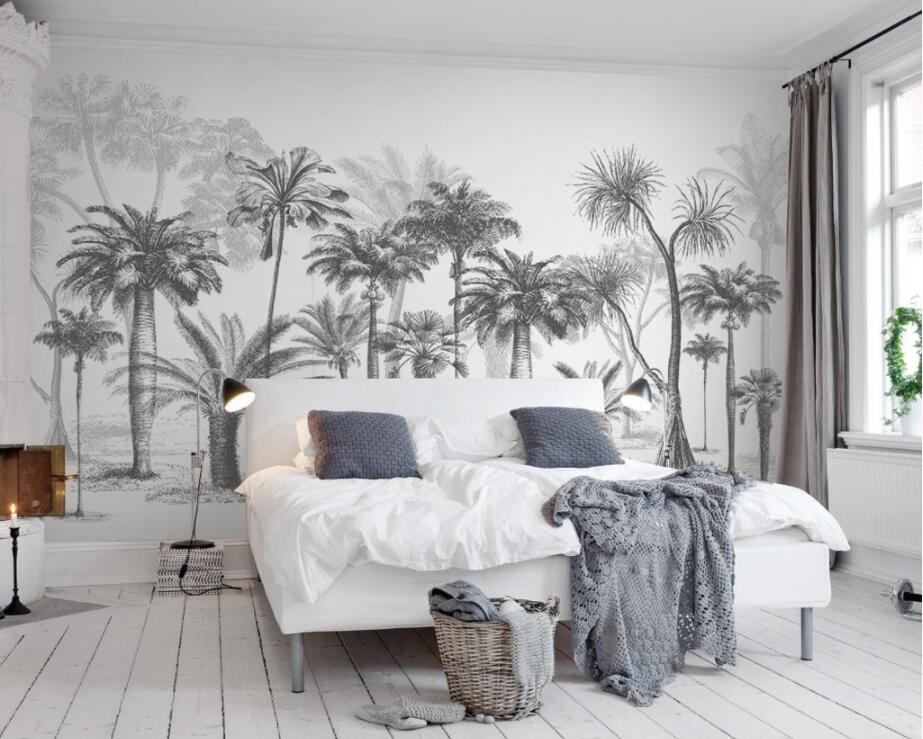 Custom Wallpaper Mural Black and White Sketch Tropical Rainforest Coconut Tree TV Sofa Background 3d Wallpaper