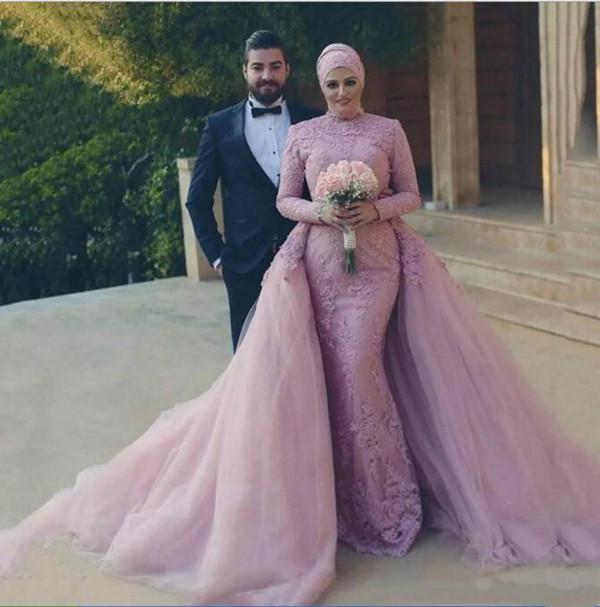 Blush Pink Muslim Dresses Mermaid With Overskirt Tulle Lace Applique High Neck Custom Made Wedding Gown Vestido De Novia