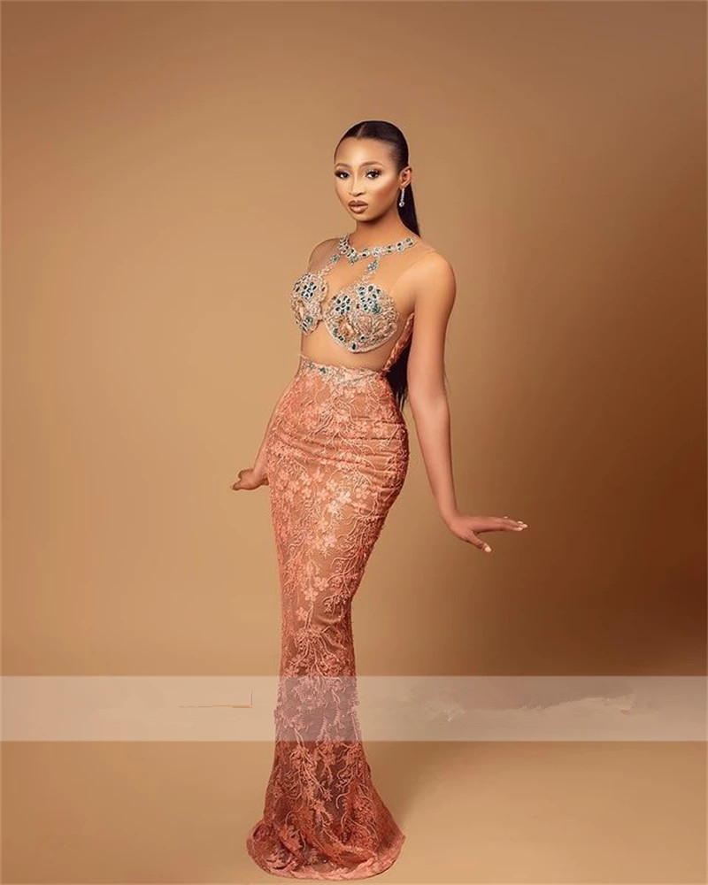 2022 Arabic Style Illusion Mermaid Prom Dresses Top Beaded Pink Lace Bottom Formal Party Dress Satin Vestido De Novia 0431