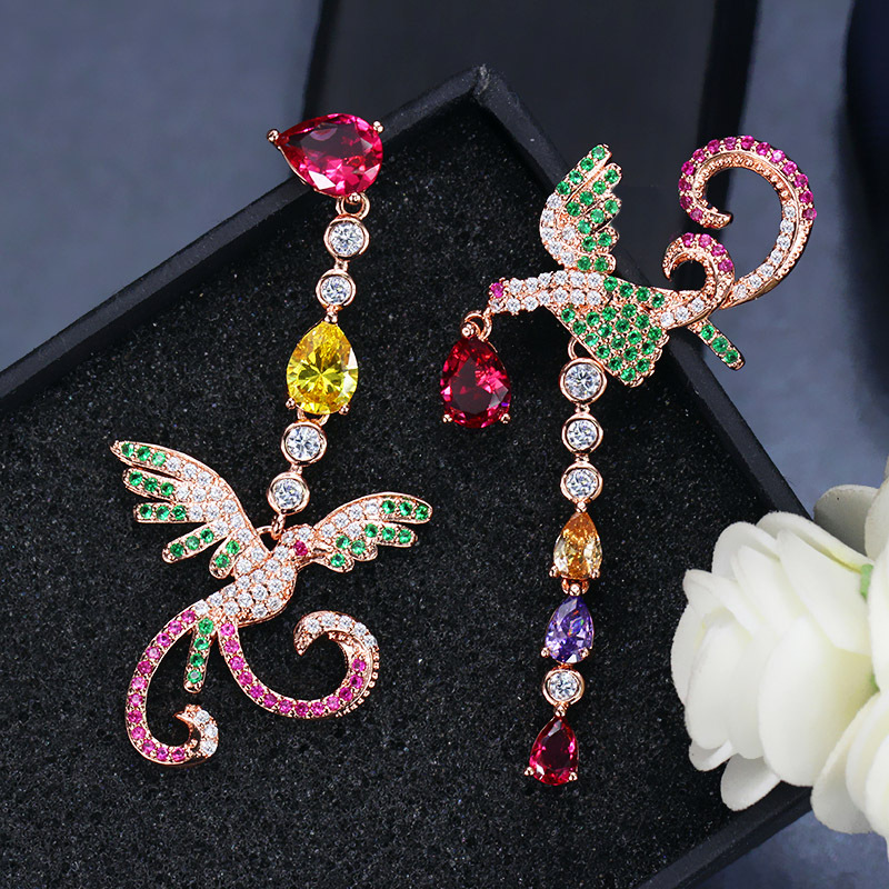 Bling Colorful Zircon Drop Earrings Chinese Phoenix Fine Jewelry Wedding Dangle Earrings for Women Gril Gift