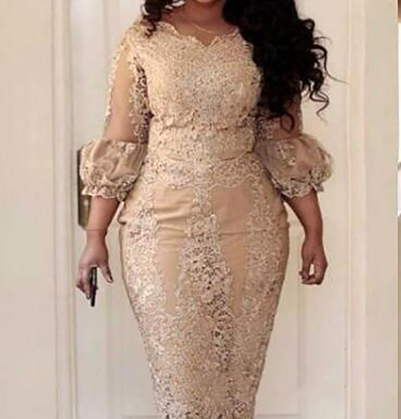 Short Champagne 2021 Lace Plus Mother of the Bride Dresses Long Puff Sleeve Sheath Tea Length Women Formal Party Gowns Custom Size