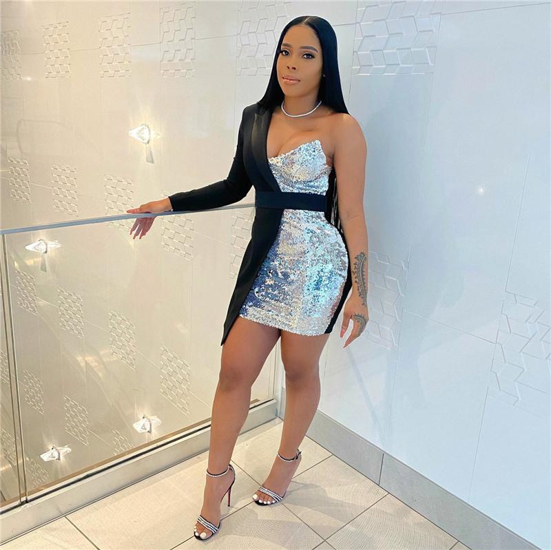 Casual Dresses Patchwork Sparkly Sequined Blazer Dress Women Long Sleeve One Shoulder Bodycon Mini Sexy Night Club Party Birthday