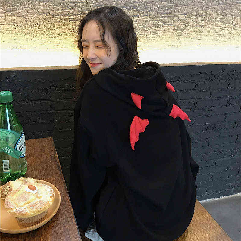 Spring Autumn Women Sweatshirts High Street Harajuku Cute Hoodies Punk Gothic Devil Horn Chic Hooded Pullover Loose Sweat CA6865 211109