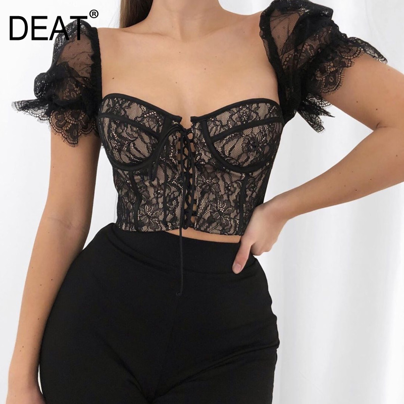 Women Lace Slim T-shirt Solid Color Square Neck Puff Sleeve Sexy Backless Fashion Spring Summer 11D95 210525, Black 
Women Lace Slim T-shirt Solid Color Square Neck Puff Sleeve Sexy Backless Fashion Spring Summer 11D95 210525, Black