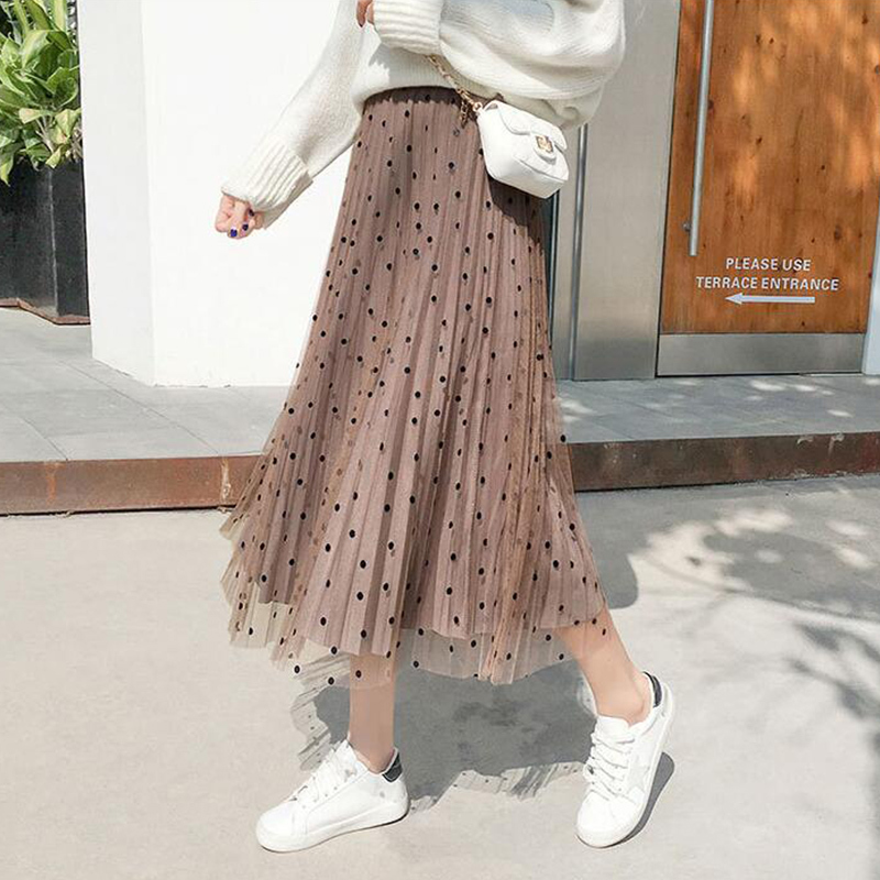 TIGENA Reversible Tulle Velvet Skirt Women Fashion Spring Elegant Polka Dot Long Skirt Female High Waist Pleated Midi Skirt 210306