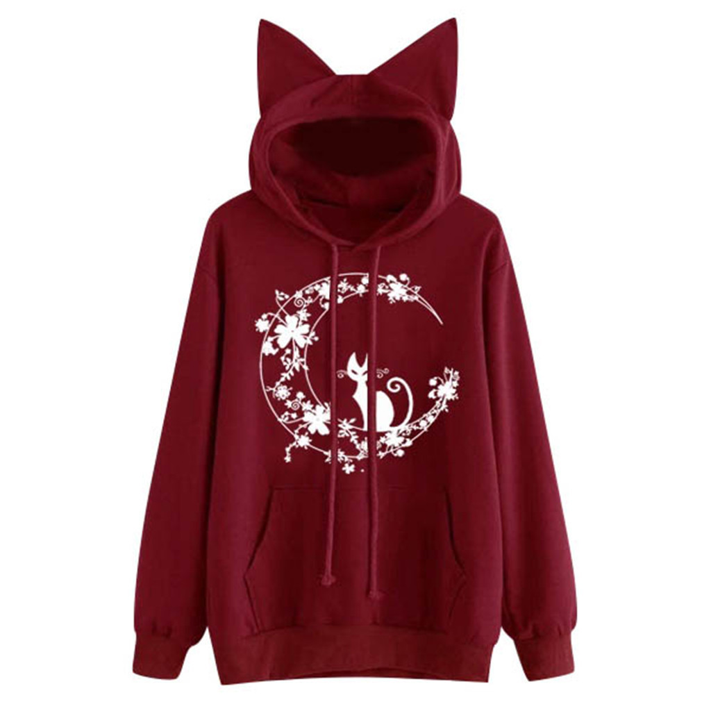 Womens Cat Long Sleeve Hoodie Sweatshirt Hooded Pullover Tops Blouse Women's Sweatshirt Blouse With Ears Polerones L0821 201102