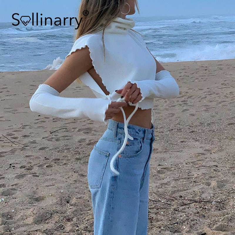 Sollinarry High street turtleneck sweater vest women Sexy sleeveless autumn crop top white Loose lace up ladies short sweater 210709