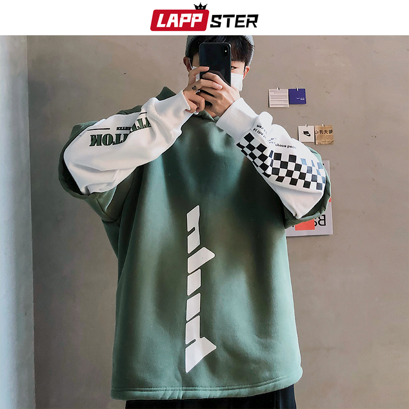 LAPPSTER Men Hip Hop Fleece Hoodies Man Winter Japanese Streetwear Sweatshirts Male Pullover Black Patchwork Hooded Hoodies 201020