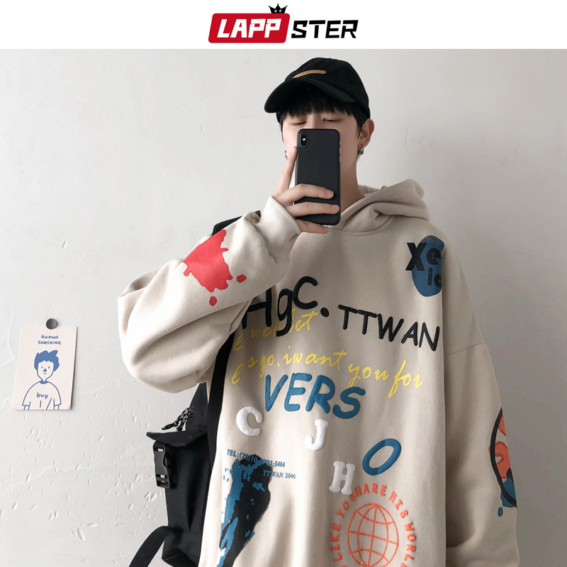 LAPPSTER Men Casual black Korean Sweatshirts Fleece Mens Japanese Streetwear Hooded Hoodie Harajuku Hip Hop Clothing 201020