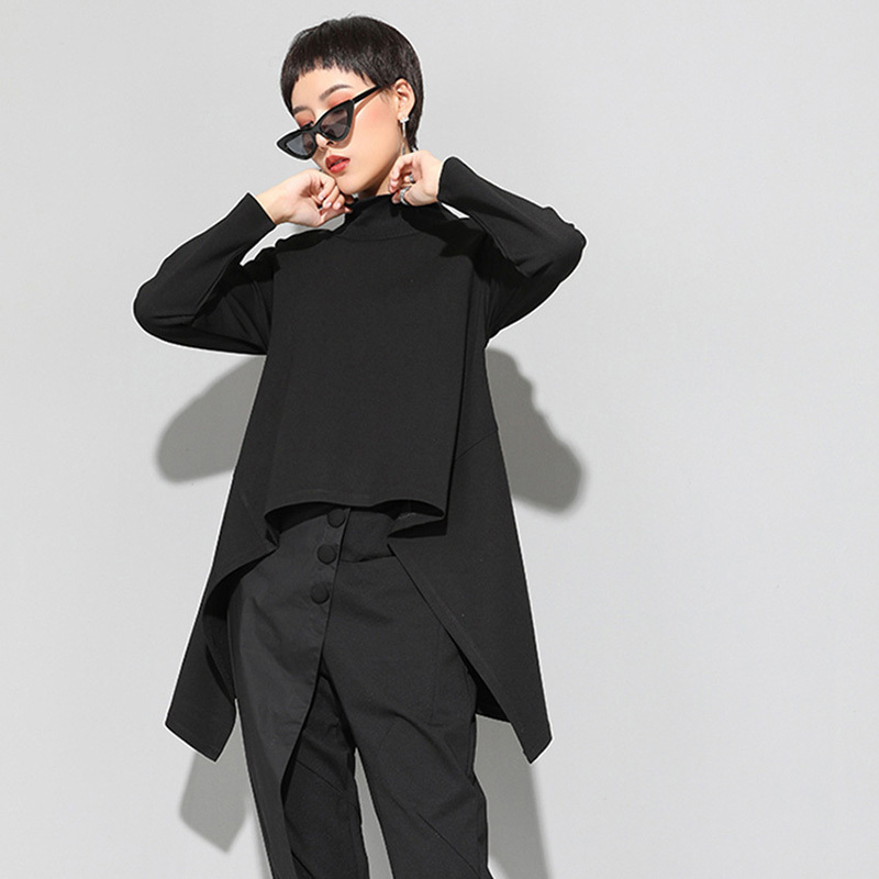[EAM] 2021New Spring Autumn High Collar Long Sleeve Black Irregular Hem Loose T-shirt Women Fashion Tide All-match JK397 210302