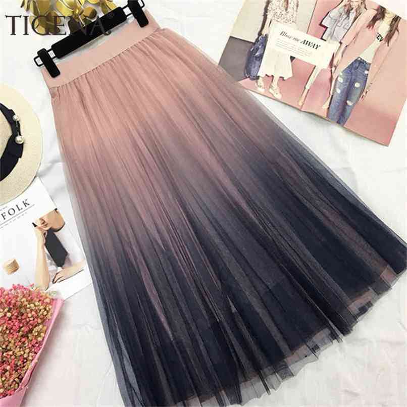 TIGENA Beautiful Gradient Color Long Tulle Skirts Women Korean A-line High Waist Pleated Maxi Female School Girls 210619