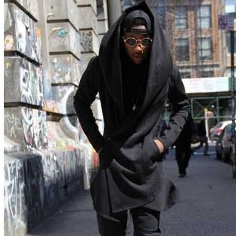 Helisopus Men Hooded Sweatshirts With Black Gown Hip Hop Hoodies Long Sleeve Gothic Cloak Outwear Jacket Plus size Streetwear 201020