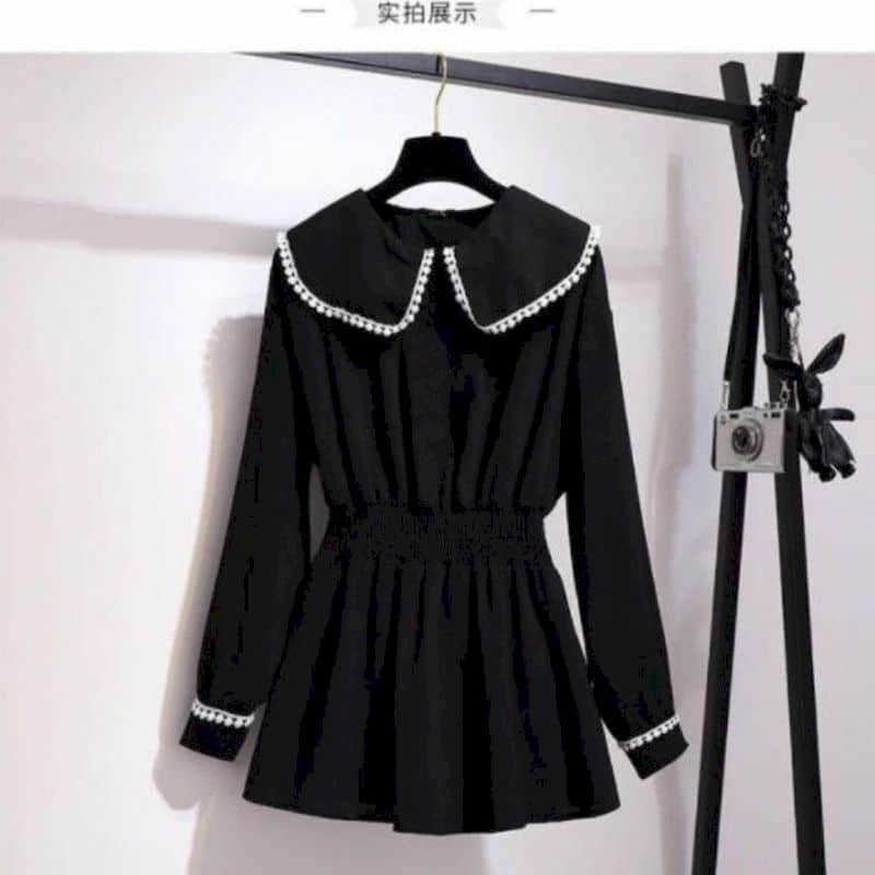 Dress top + casual pants autumn Korean age-reducing two-piece suit plus size women's fashion slim loose black sets 210526