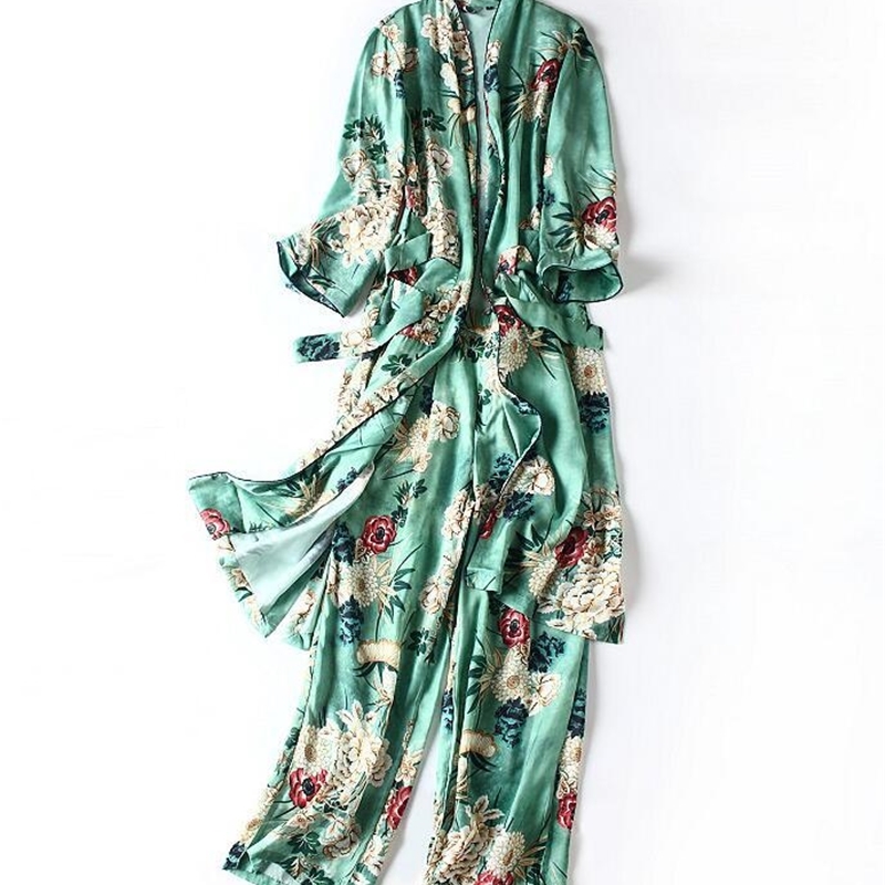 New Women Green Color Bathrobe Style Long Kimono Vintage Floral Printed Wide Leg Pant Ladies Retro Outfit T200716