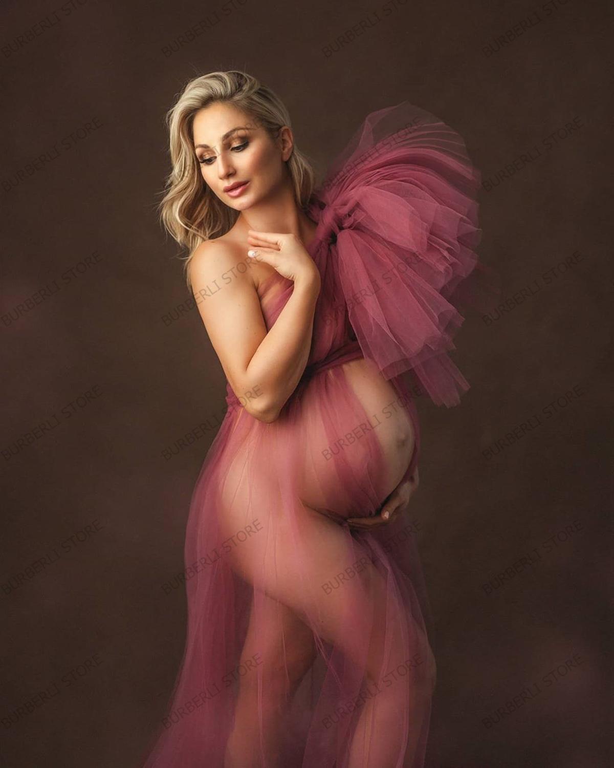 Elegant One Shoulder Tulle Maternity Dresses See Through Sexy Women Plus Size Tulle Maternity Dressing Gowns For Photography 210302