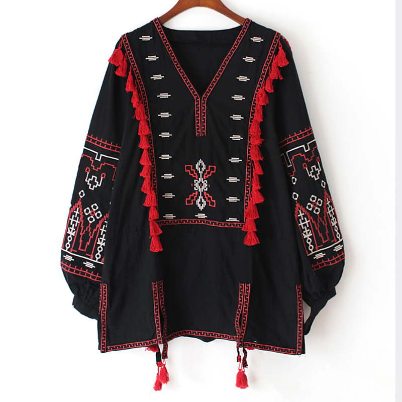 Khale Yose Summer Boho Chic Womens Tops And Blouses Loose Embroidery Blouse Shirt Cotton Tassles Hippie Ethnic Gypsy Tunic 210225