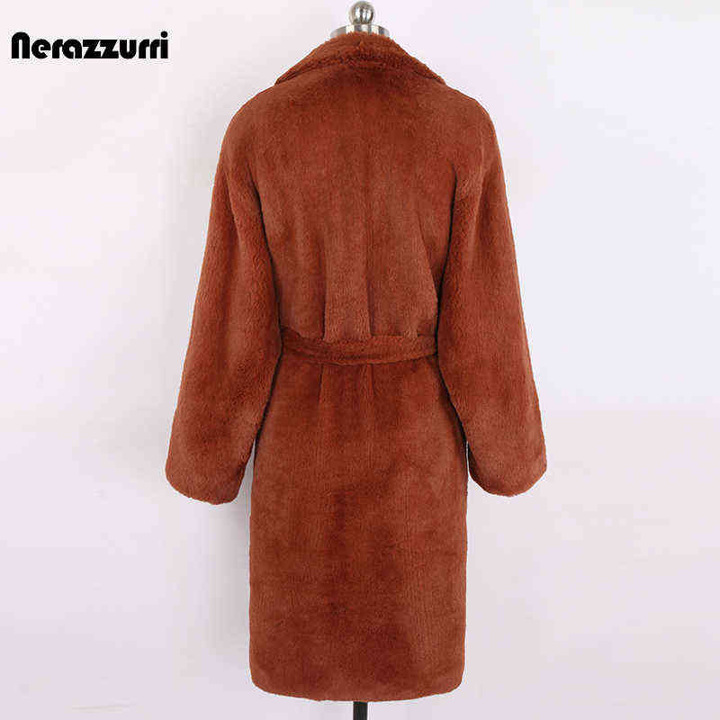 Nerazzurri Autumn Long Oversized Brown Soft Light Faux Fur Coat Women Long Sleeve Belt Casual Korean Fashion without Buttons 211123