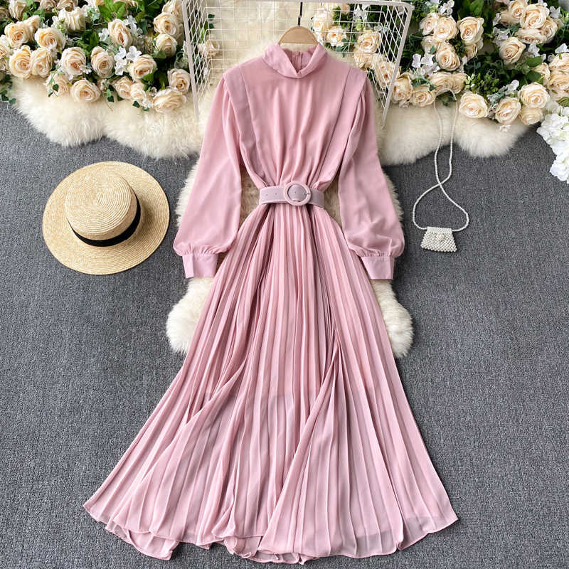 Spring And Summer Solid Color Sundresses Women's Dress Light Elegant Holiday Orange Pleated Chiffon Maxi Dress Femme Robe 210630