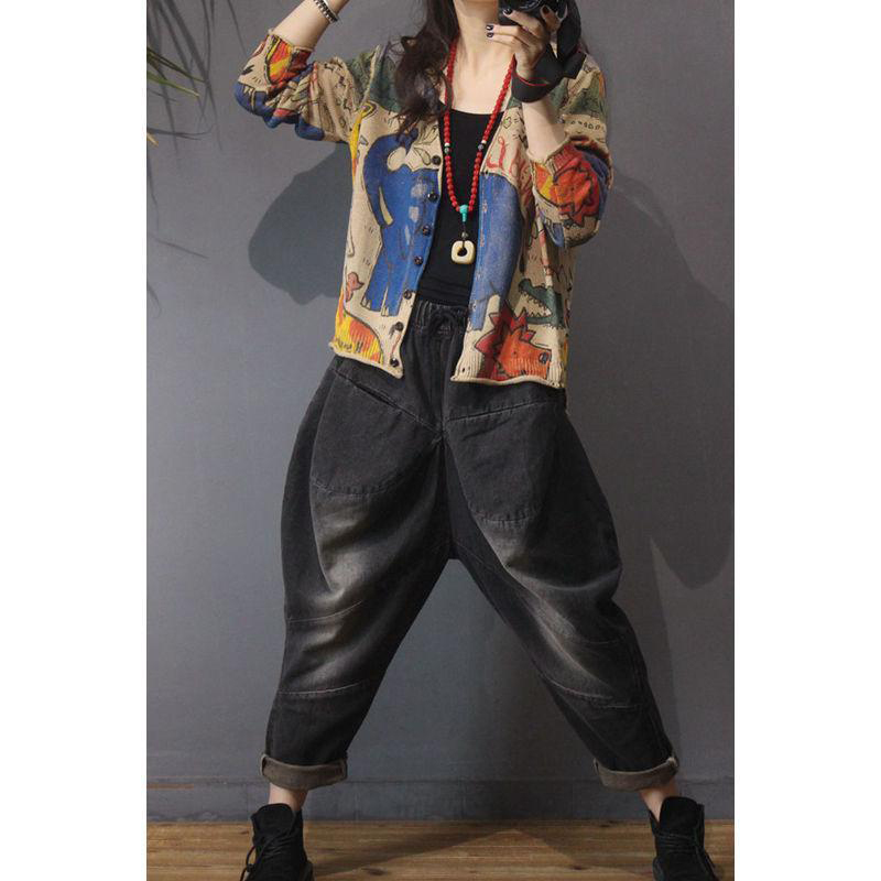 Spring New Arts Style Women Vintage Print Knitted Cardigans All-matched Casual Single Breasted Cardigan Ladies Tops S674 210218