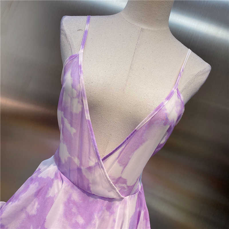 DEAT Women Printing Ruffles Sling Dress V-Neck Arrivals Lady Sexy Backless Temperament Fashion Spring Summer 11D1421 210709