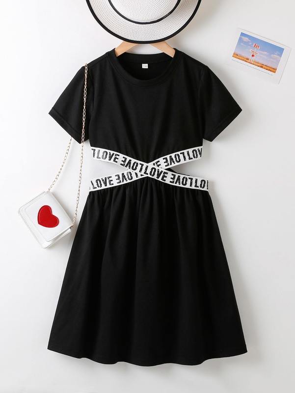 Girls Letter Tape Cut Out Side Dress SHE