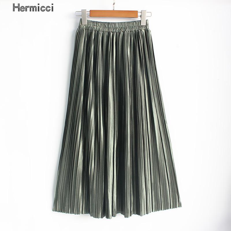 Hermicci Fashion Skirts Summer Pleated Long Skirts Women Metallic Midi Skirts Faldas Largas Mujer 210309