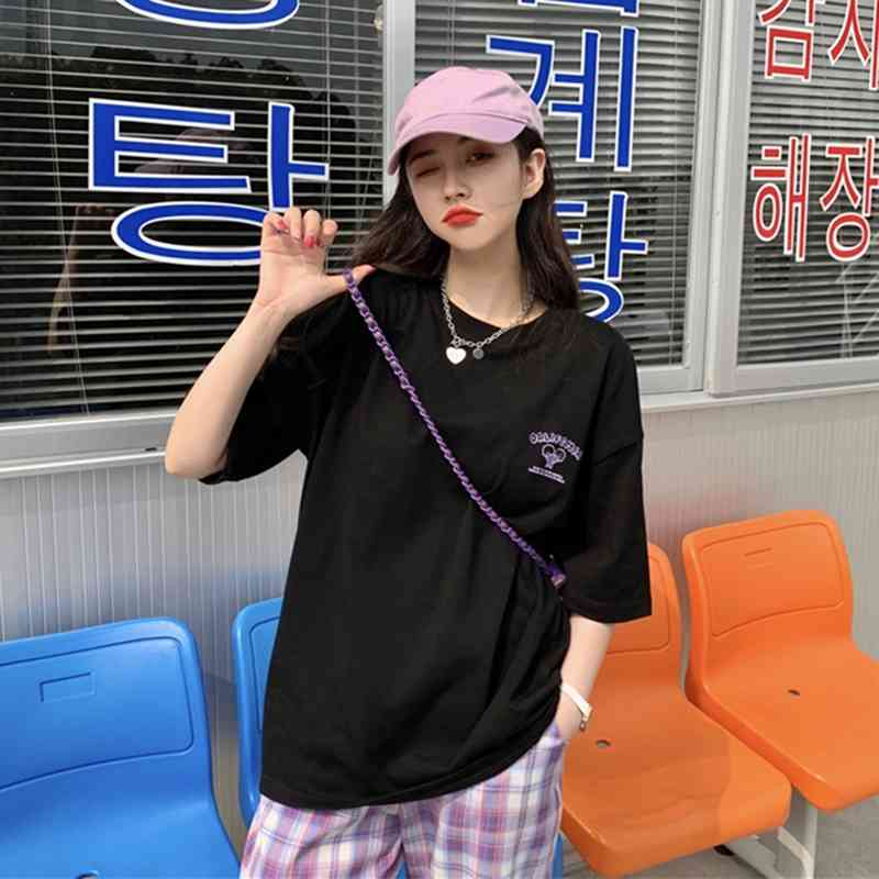 3 Sizes Cartoon Character Letter Printed Loose Casual All Match Short Sleeve O-neck Basic Simple Women Top T-shirts 210720