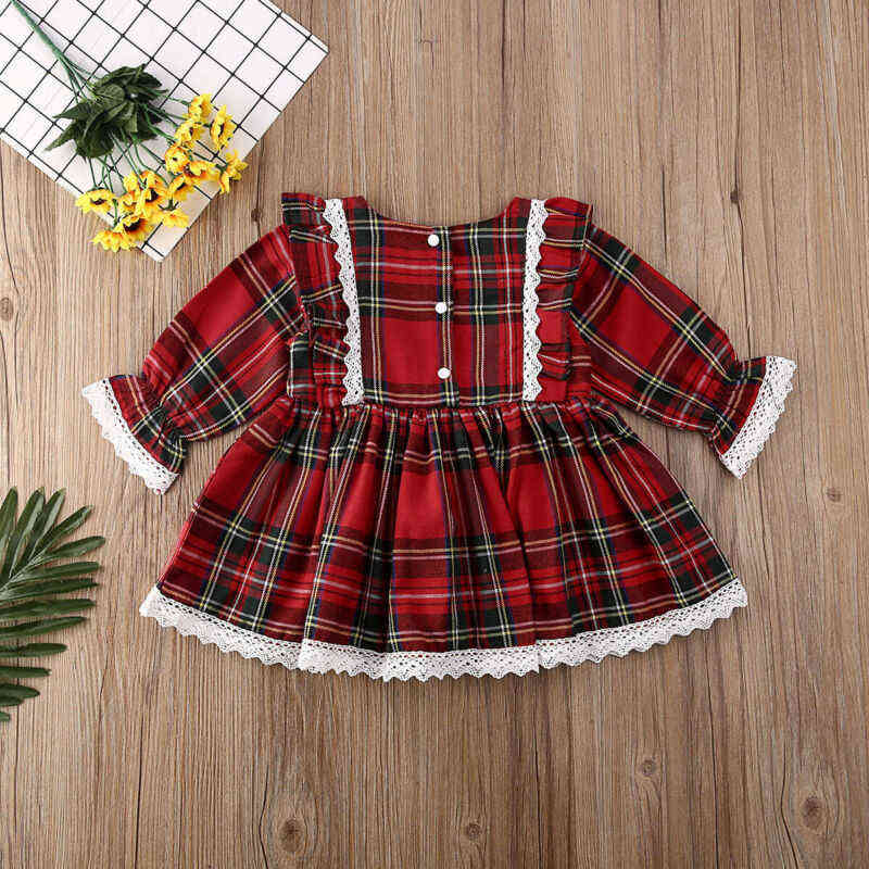 1-6Y Christmas Girls Red Dress Toddler Baby Kid Girls Lace Ruffles Tutu Party Dress Plaid Xmas Costumes Children Clothes 211130