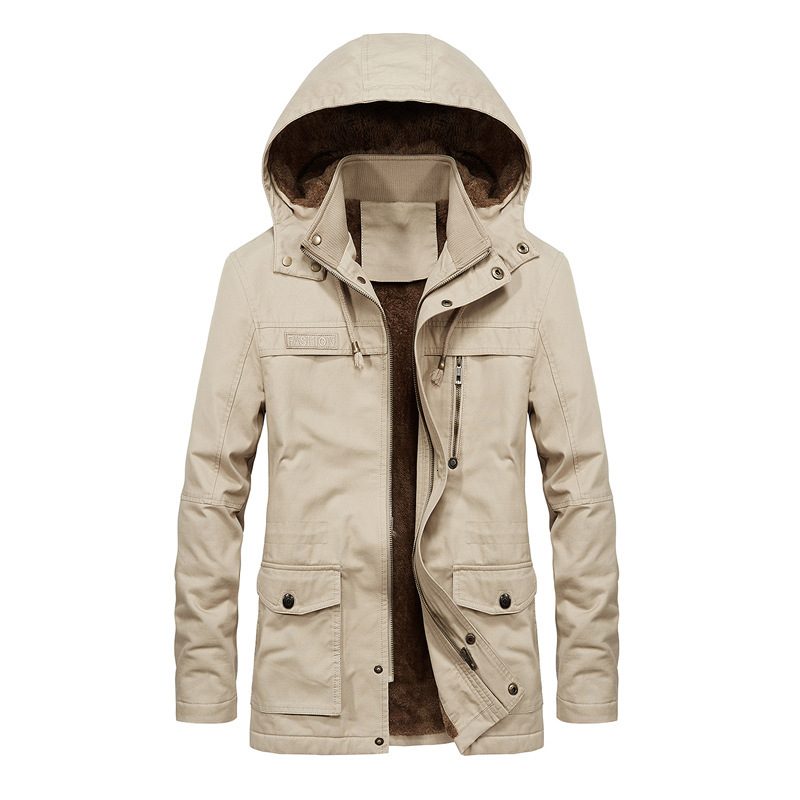 Winter men's Plush casual jacket medium and long windbreaker coat, Khaki 1