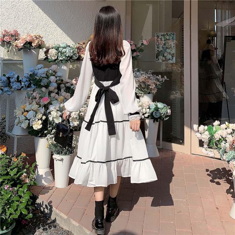 Casual Dresses Patchwork Fairy Dress Women Autumn Elegant Chiffon Sweet Party Female Kawaii Bandage Korean Fall 2021 Clothing